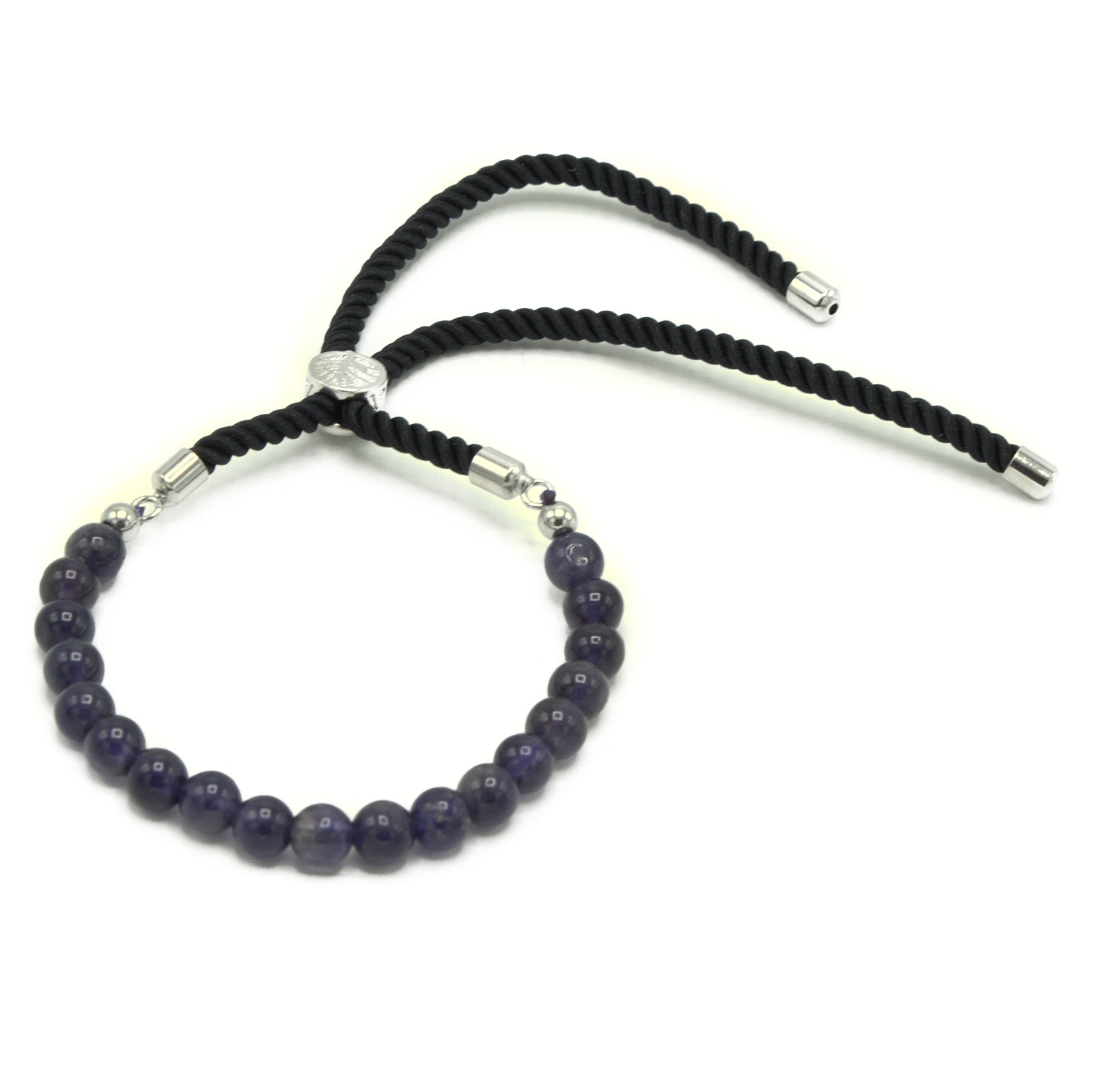 Silver Plated Gemstone Black String Bracelet with purple beads and adjustable closure