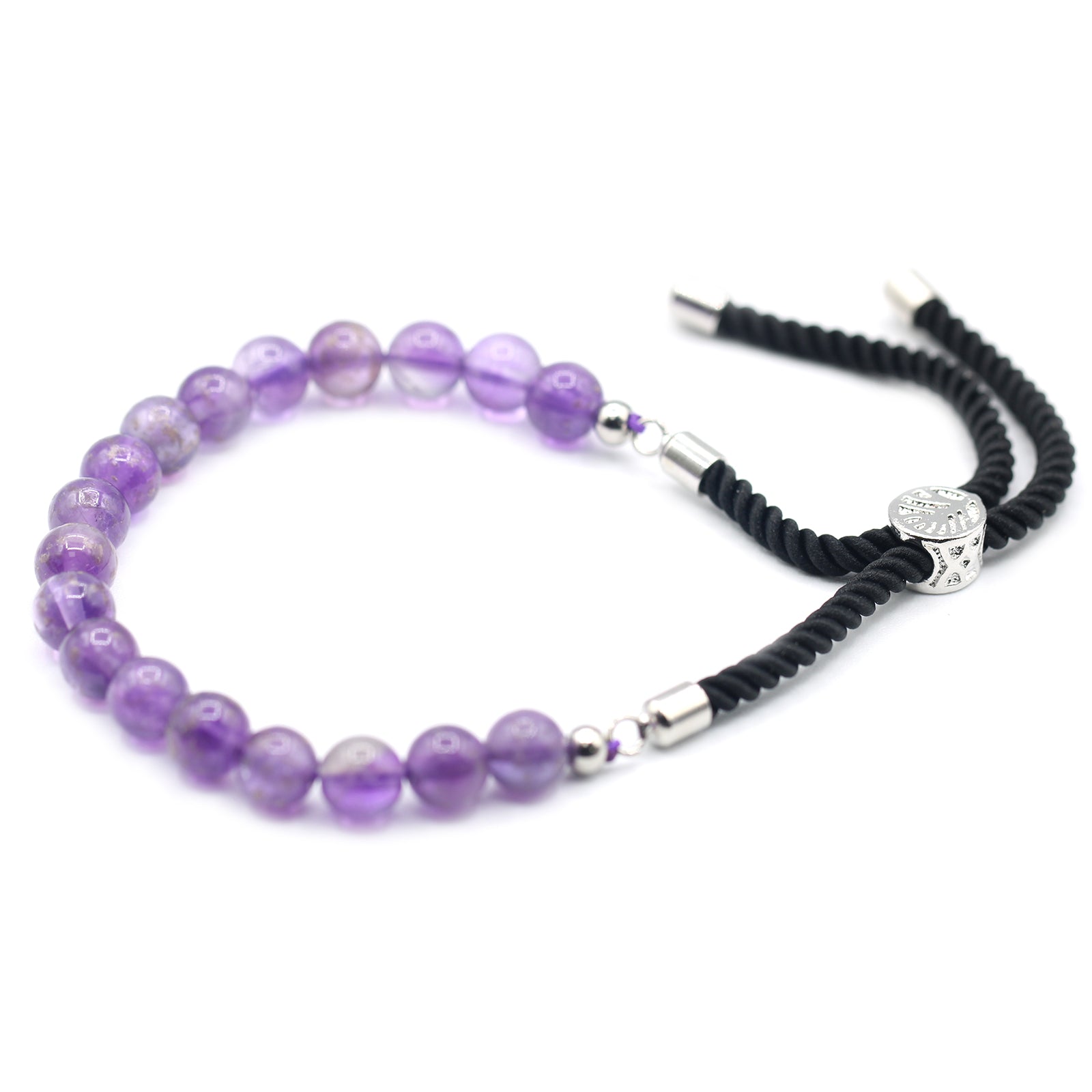 Silver Plated Gemstone Black String Bracelet featuring purple beads and adjustable design for stylish wear