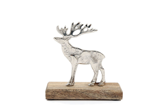 Silver reindeer decor statue on wooden base by Geko Products for holiday decoration