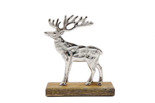 Geko Products Silver Reindeer Decor on wooden base for holiday and winter home decoration