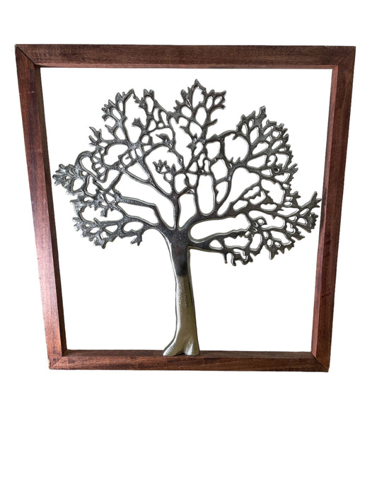 Geko Products Silver Tree of Life Wall Art metal tree design in wooden frame