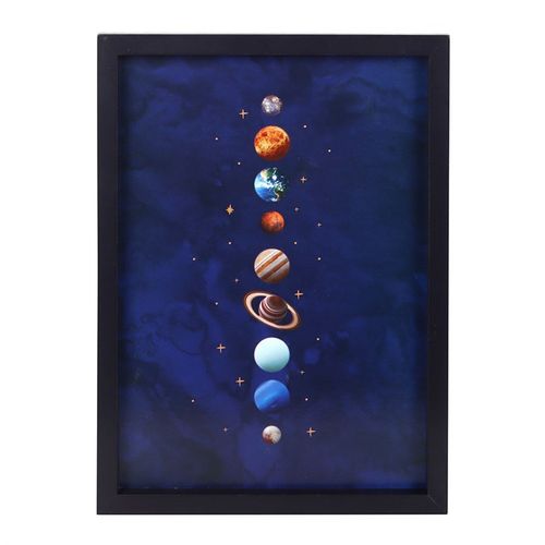 Framed Solar System Wall Print featuring planets on a blue background for home decor