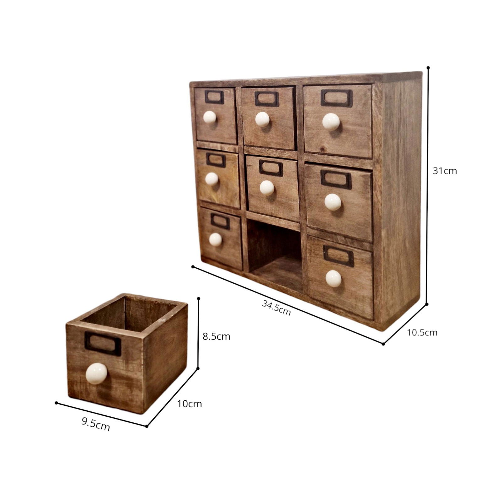 Geko Products solid wood drawer organizer with nine small drawers and white knobs