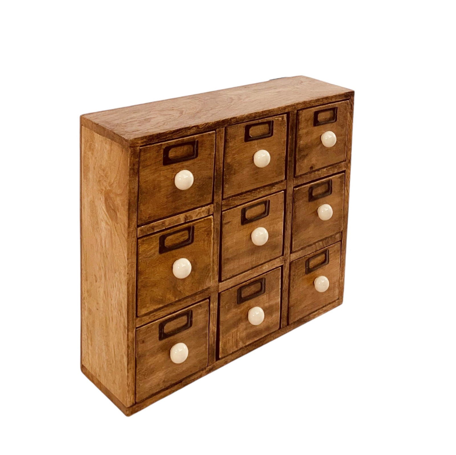 Geko Products solid wood drawer organizer with nine small drawers and white round knobs