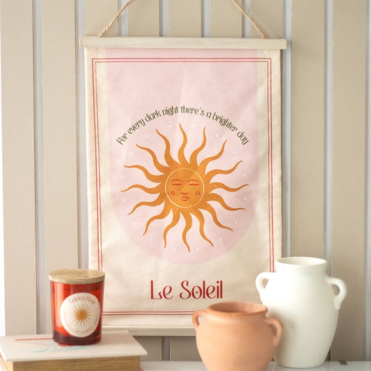 Le Soleil sun wall hanging featuring cheerful spiritual sun wall art with a positive message