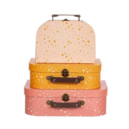Geko Products star pattern suitcase trio with pink, orange, and cream cases featuring star designs
