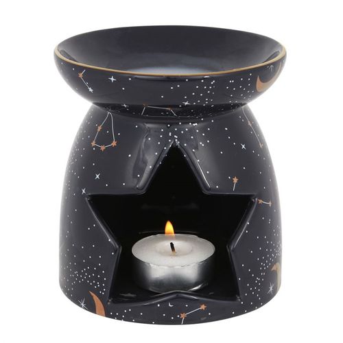 Purple Constellation Oil Burner with starry night design, featuring a star-shaped cutout and a lit tealight candle
