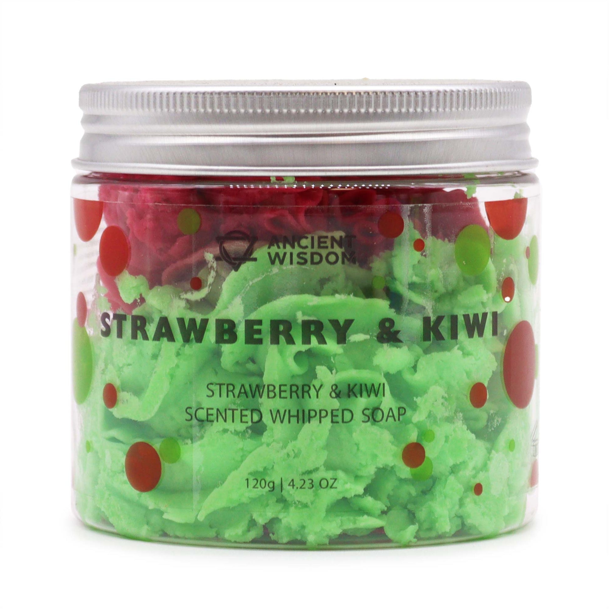 Strawberry Kiwi whipped soap in a clear jar with vibrant red and green colors for a refreshing fragrance