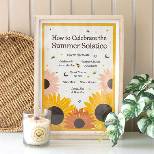 How to Celebrate the Summer Solstice wall art framed print with floral design and inspirational text