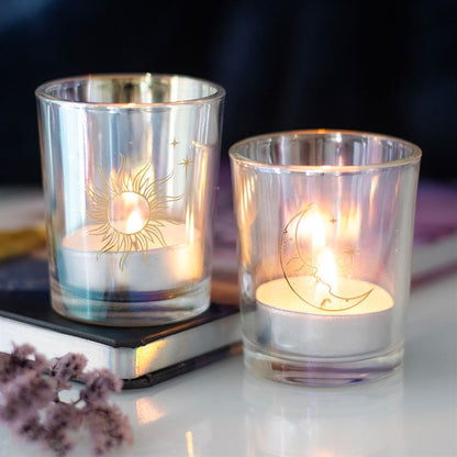 Iridescent Sun and Moon Candle Holders featuring gold sun and moon designs for a celestial ambiance
