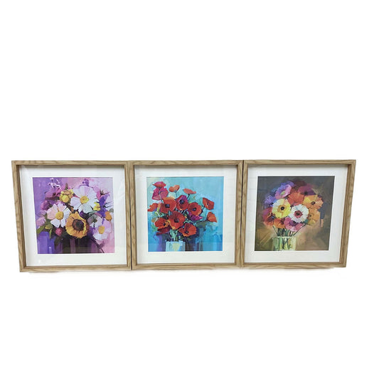Geko Products sunburst frame set with three wooden frames featuring colorful floral artwork