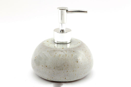 Taupe ceramic soap dispenser with silver pump by Geko Products for stylish bathroom use