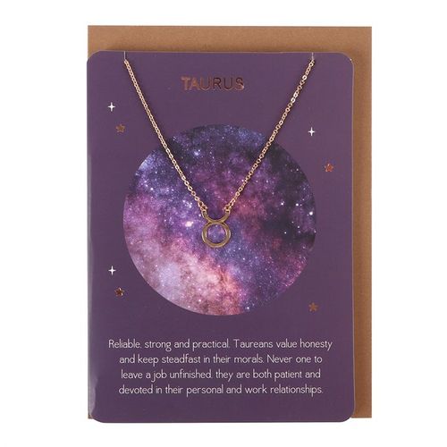 Taurus Zodiac Necklace on a celestial card displaying Taurus traits, perfect spiritual gift