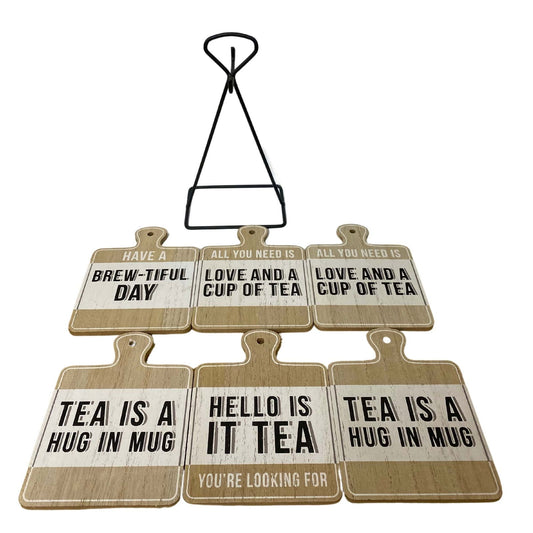 Geko Products tea slogan coasters set with six wooden coasters featuring various tea-related phrases and metal holder
