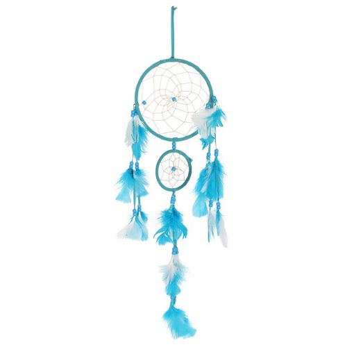 Teal dreamcatcher with tassels featuring two circular frames and vibrant feathers for home decor