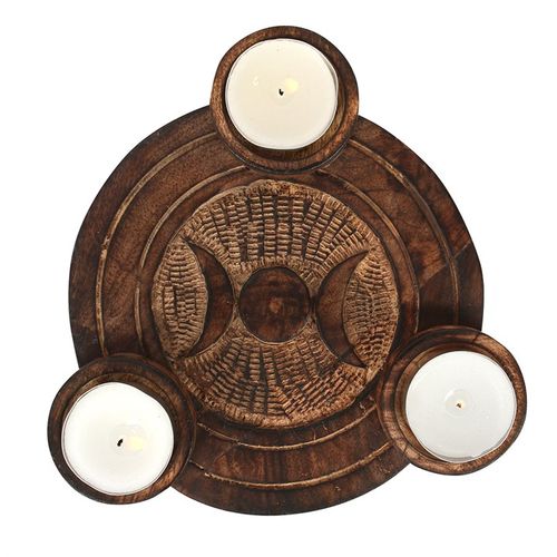 Artisan spiritual tealight candle holder with triple moon design for meditation and home decor