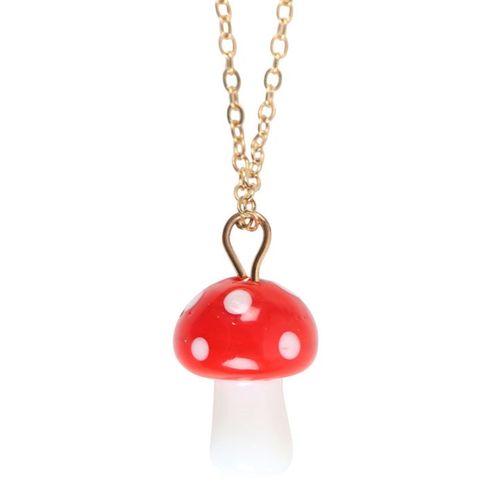 Toadstool necklace spiritual gift featuring a charming red mushroom pendant with white spots on a gold coloured chain