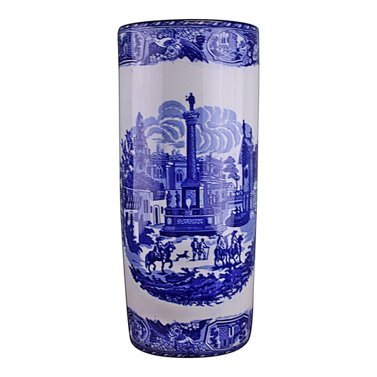 Geko Products townscape design umbrella holder in blue and white ceramic with classic cityscape illustration