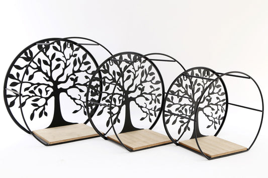 Geko Products Tree of Life wall shelves in three sizes with black metal tree design and wooden base