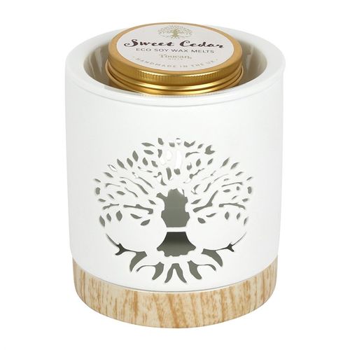 Tree of Life wax warmer gift set featuring an elegant oil burner with sweet cedar eco soy wax melts