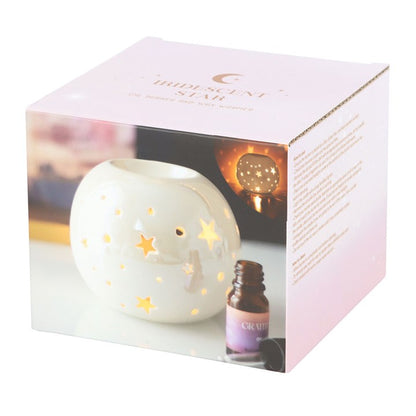 White iridescent star oil burner and wax warmer, a ceramic oil burner with stars for enhancing ambiance