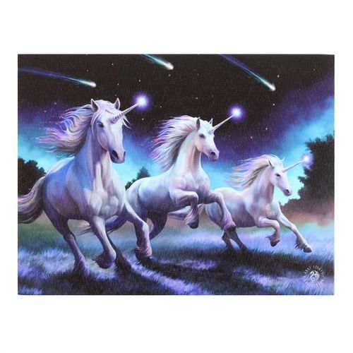 Colorful 25x19cm unicorn print featuring three running unicorns under a starry sky