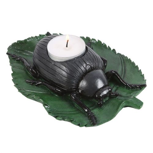 SD Connect unique insect candle holder shaped like a black beetle on a green leaf holding a white tealight candle