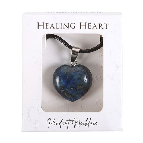 Lapis Lazuli healing crystal necklace featuring a heart-shaped pendant on a black cord, presented in a stylish packaging by Kimchi Toki
