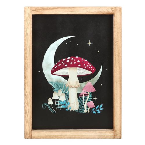 Artistic framed forest mushroom wall print featuring vibrant mushrooms and a crescent moon, perfect for home decor