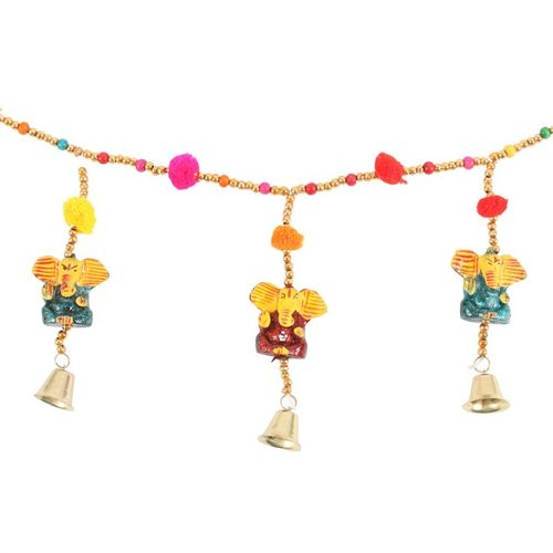 Hanging Ganesh garland decor featuring colorful beads and bells, perfect for festive celebrations and spiritual ambiance