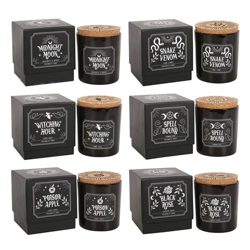 Set of 6 Midnight Ritual Candles set featuring unique designs and scents in black jars with wooden lids, perfect for spiritual practices