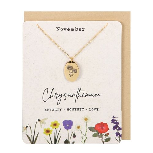 November Chrysanthemum Birth Necklace Card featuring a delicate gold pendant and floral design, perfect for gifting