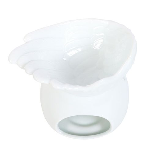 Elegant Angel Wing Dish oil burner in glossy white ceramic, ideal for creating a soothing ambiance
