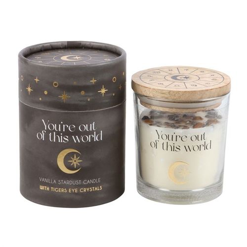 Vanilla Stardust candle with crystals in a glass jar featuring tigers eye crystals and decorative packaging