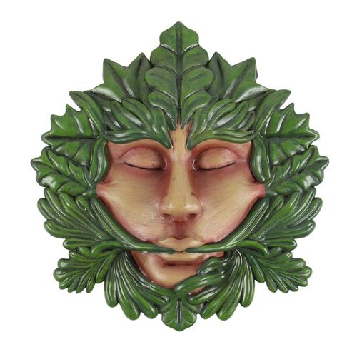 Intricate Green Goddess wall plaque featuring a serene face surrounded by lush green leaves, perfect for nature-inspired decor