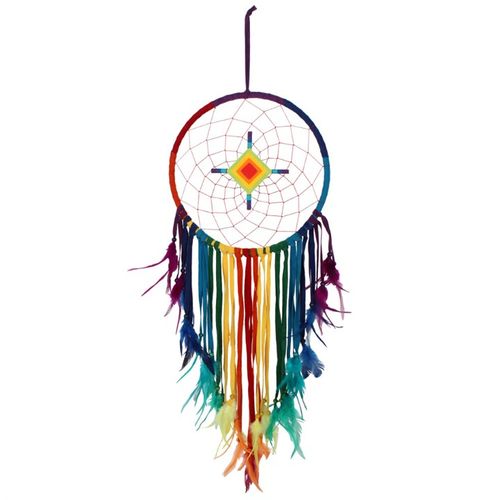 Colorful Chakra dreamcatcher for healing with diamond centre and vibrant feather fringes hanging elegantly