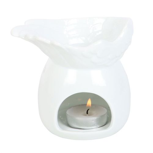 Elegant Angel Wing Dish oil burner in glossy white with a candle for a soothing aroma experience