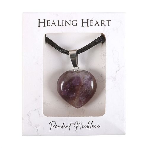 Amethyst crystal necklace featuring a heart-shaped pendant on a black cord, ideal for healing and spiritual practices