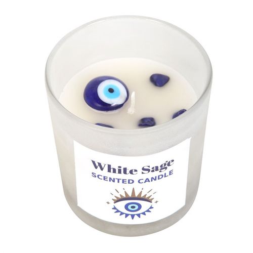 All Seeing Eye White Sage protection candle with crystal chips for spiritual cleansing and protection.