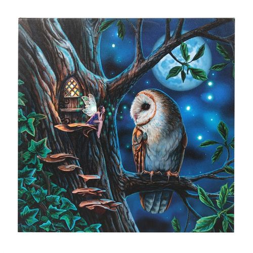 Fairy Tales Light Up Canvas featuring an owl and a fairy on a mystical tree, glowing under a moonlit sky