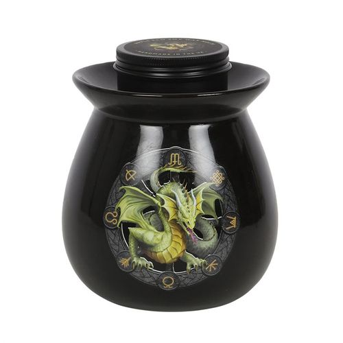Mabon wax melt burner gift set by Anne Stokes featuring a black ceramic burner with a green dragon design