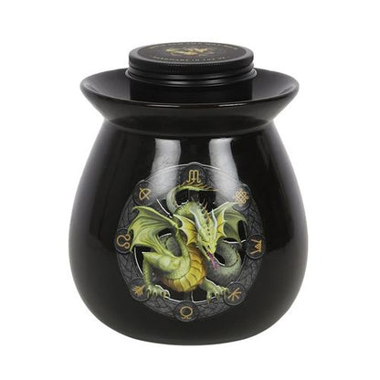 Mabon wax melt burner gift set by Anne Stokes featuring a black ceramic burner with a green dragon design