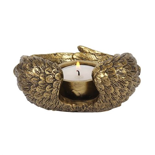 Antique gold angel wing candle holder beautifully crafted with intricate detailing, perfect for adding elegance to any tealight candle decor.