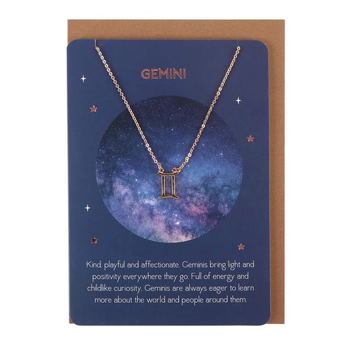 Gemini Zodiac Necklace displayed on a galaxy-themed card highlighting its playful and affectionate qualities
