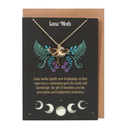 Luna Moth Necklace displayed on an elegant card with dark background and floral design highlighting intuition and awareness