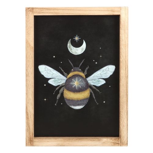 Framed bee print for home decor featuring an illustrated bumblebee with a crescent moon and stars on a dark background