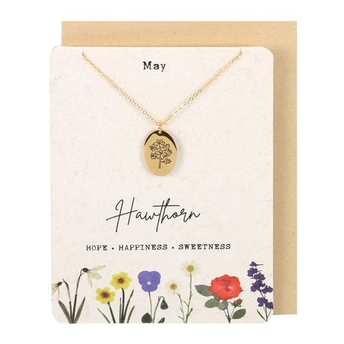 May Necklace Card featuring a gold Hawthorn pendant with floral design symbolising hope, happiness, and sweetness