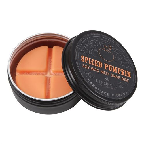 Soy wax spiced pumpkin snap disc in a black tin, designed for melting to create a warm, autumn fragrance