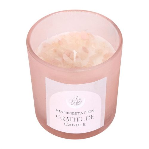 Pink Gratitude Wild Rose Candle with crystal chips, perfect for enhancing spiritual vibes and relaxing ambiance