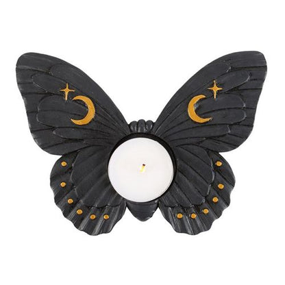 Elegant black moth candle holder with gold crescent moon details, designed for tealight candles, perfect for home decor
